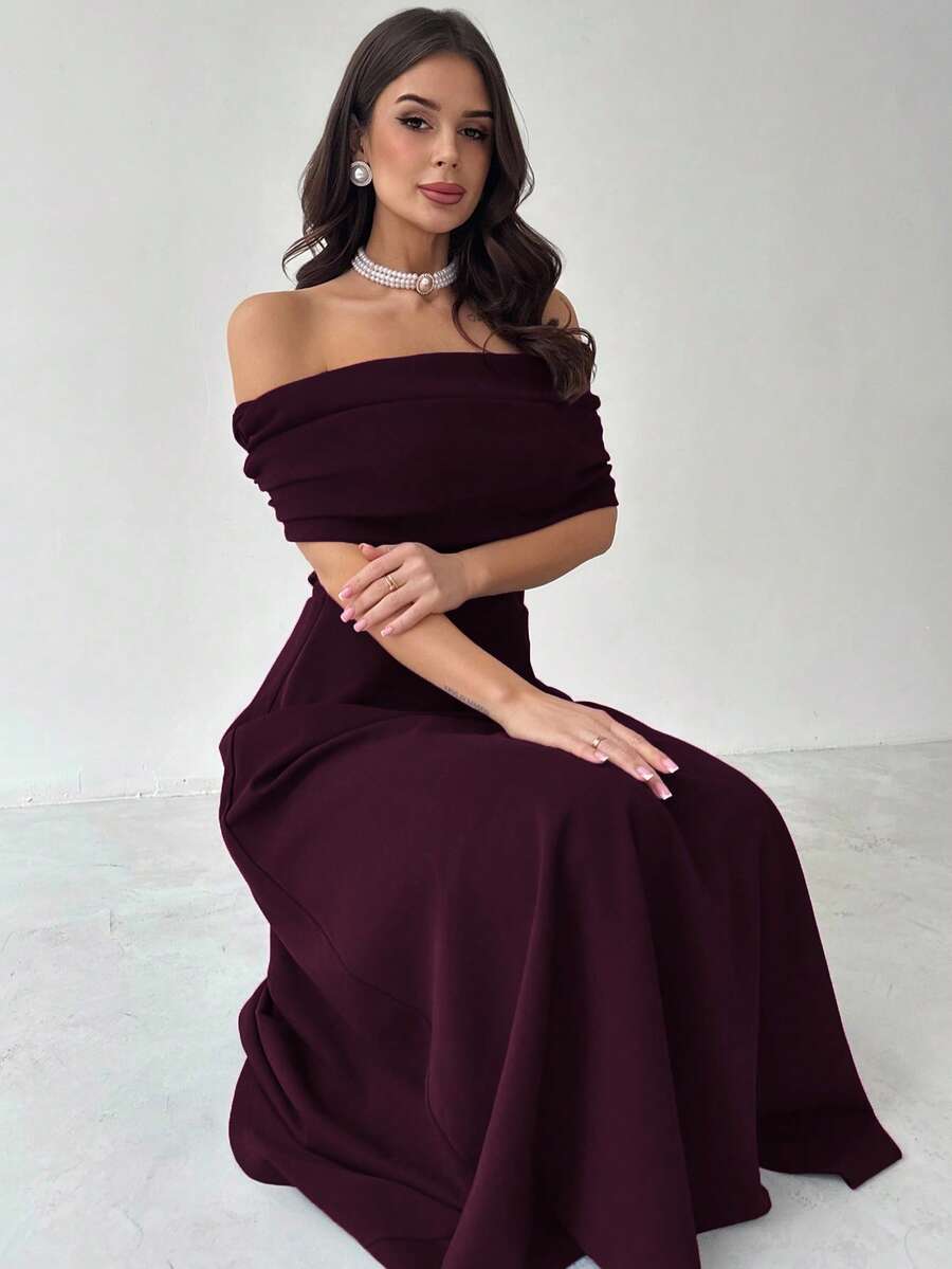 Firerie Women's Elegant Minimalist Chic Romantic Fashion Sexy Dress, Off Shoulder High Waist A-Line Umbrella Dress, Suitable For Vacation, Commute, Date, Grey Dress - Purple - View 1