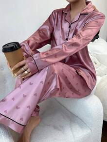 SHEIN Conjunto de pijama de manga larga y pantalones con estampado de corazones de satén - Rosa - Ver 5