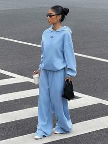 Muchica Women's Autumn/Winter New Thermal Lined Casual Loose Hoodie And Sweatpants 2 Pieces Set, Blue,Cozy Fall And Winter Clothes For Women,Fall,Fall Clothes For Women - Blue - View 4