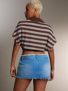 Denimoi Cinched Waist Collared Striped Polo Top Fashionable Tops Collared Top - Brown - View 2