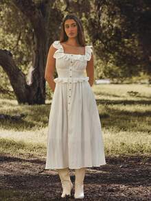 WESTFADE White Summer Modest Vacation Holiday Ruffle Tie Back Button Front Smocked Waist Relaxed Fit & Flare Textured Woven Midi Dress,Boho Nashville Cowgirl - White - View 5