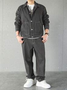 Manfinity Homme Men's Casual Denim Jacket And Pants Set, Single-Breasted Men 2 Piece Set - Grey - View 7