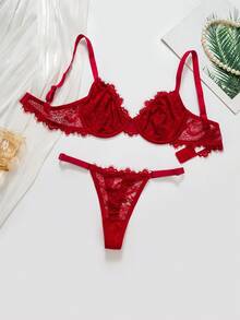 2pcs Women's Solid Color Fashionable Sexy Lace Thin Bra Set - Red - View 7