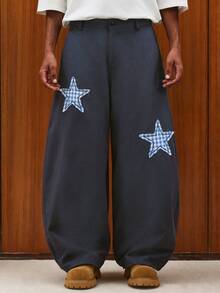 TOKVUE Pantalones holgados de uso casual diario con estampado de cuadros y parche de estrella - Azul - Ver 5