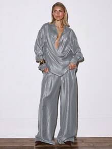 MUSERA Cowl Drape V Front Flowy Long Sleeve Plisse Shirt Co-Ord Top Only Occasion Night Out Going Out Autumn Winter Fall Sexy Classy Cute Mirage - Grey - View 5