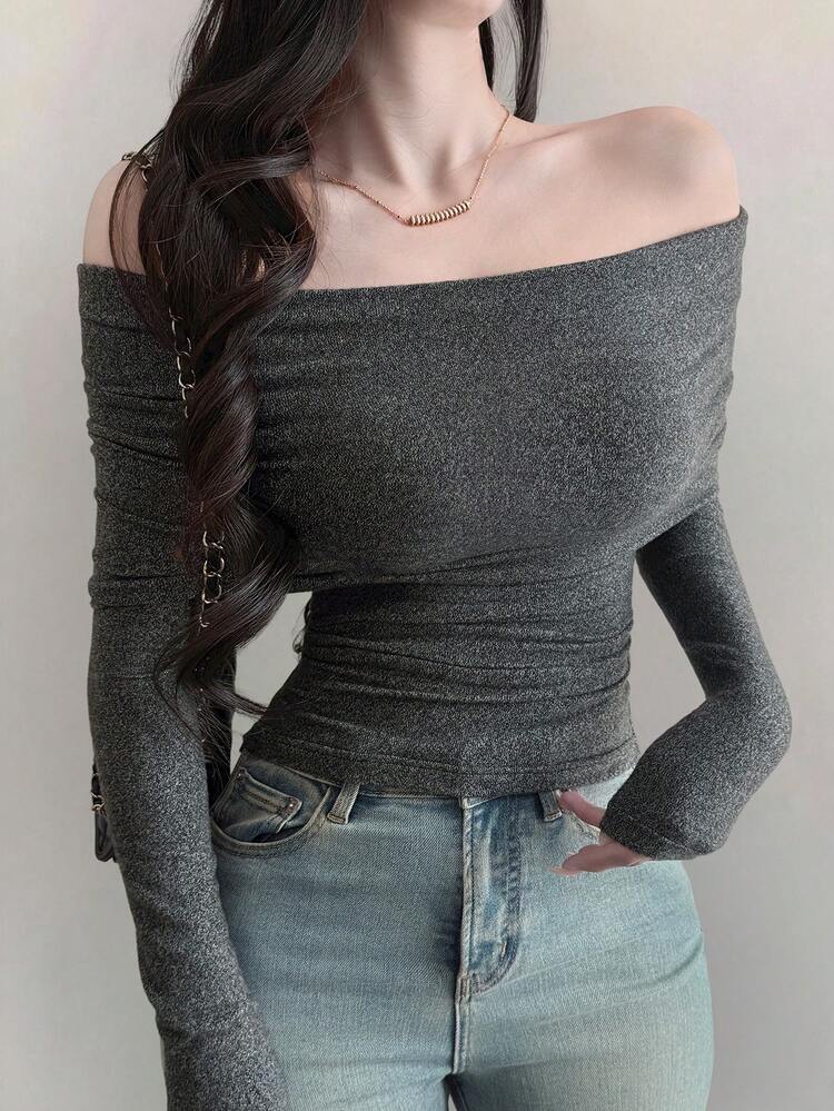Women's Off-Shoulder Fitted T-Shirt, Autumn/Winter New Arrival