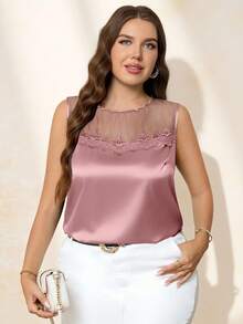 Chikora Plus Size Fashionable Elegant Mesh Patchwork Sleeveless Tank Top, Going Out Tops - Coral Pink - View 5
