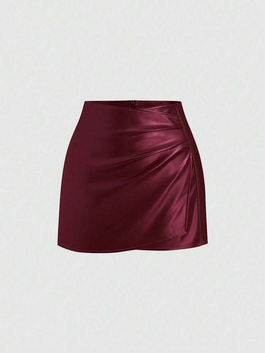 Sweetra 女士性感紧身迷你裙，纯黑色，美式复古 PU 皮革，适合所有季节 - 酒紅色 - 查看 1