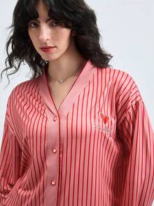 女士V领睡衣套装（2件套），长袖上衣和长裤，亲肤家居服，春秋/秋冬皆宜 - 玫紅色 - 查看 8