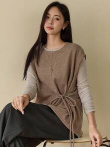 Dazy-Less Brown Sleeveless Pullover Vest, Casual & Fashionable T-Shirt For Women, Autumn/Winter - Khaki - View 6