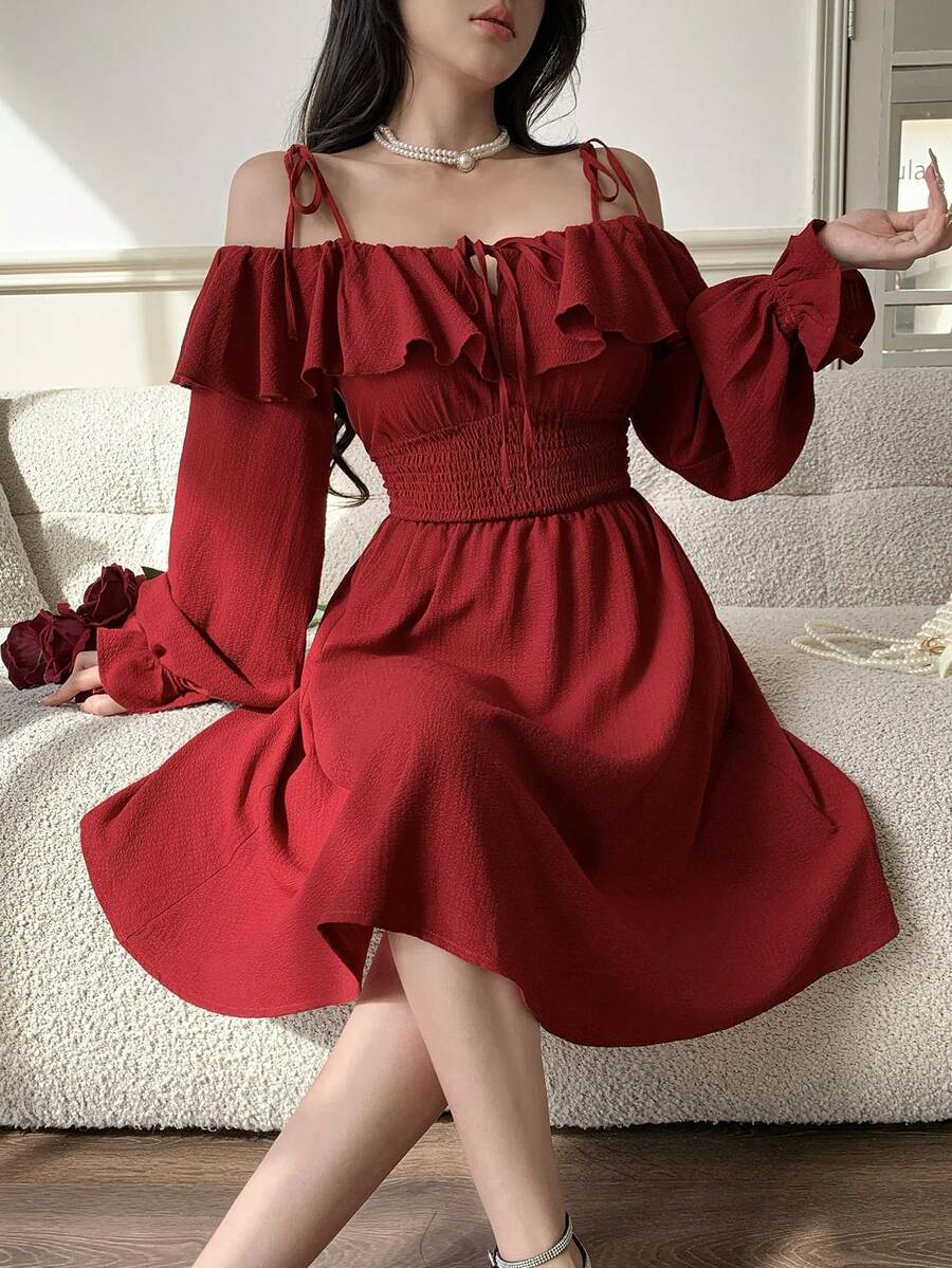 Feyla Elegant Ruffle Trim Waist Open Shoulder Strap Women Dress - Red - View 1