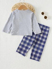 Cozy Pixies 2pcs Baby BoyCasual Set, Contrast Color Patch Pocket Crew Neck Soft Knit Sweater And Elastic Waist Classic Plaid Pants - Multicolor - View 2