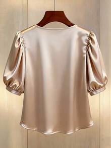Franclia Women's New Summer Fashion Sweet Design Champagne Color, Satin Satin Fabric With Beaded Pearl Embellishments, Round Neck Short Sleeve Casual Puff Sleeve Women's Shirtwinter For Women,Christmas,New Year ,White For New Year's Eve,Party,Beach,Elegant,Casual,Casual For Women,Romance, Valentine's Day, Dating,Summer,Women's Beach Bikinis Summer 2026,Summer Tops,Graduation Season Attire, Fashionable Casual Commuter Wear, Business Office Wear, Versatile And Stylish Everyday Casual Wear, Urban Teacher's Professional Attire