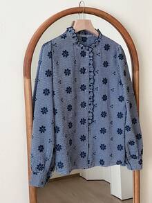 SHEIN Frenchy Áo sơ mi dài tay nữ màu xanh kẻ caro thêu hoa, kiểu dáng thường ngày, thích hợp mặc đi làm, đi chơi, mùa hè, mùa xuân, mọi mùa, phong cách công sở, kiểu Pháp, thanh lịch, thích hợp mặc đi làm. - Nhiều màu - Xem 3