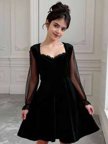 Tween Girls' Halloween Long Sleeve Lace Trim Black Dress - Black - View 1