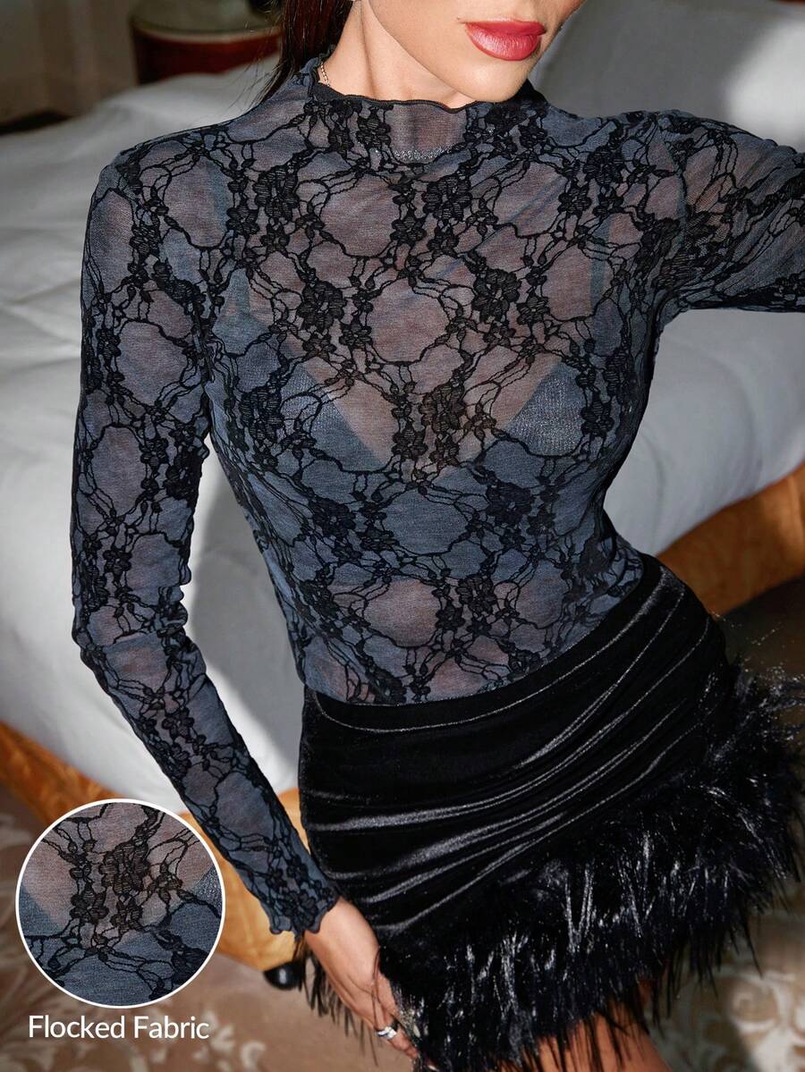 Lavishia 女士优雅印花立领长袖时尚百搭衬衫 - 黑色 - 查看 1