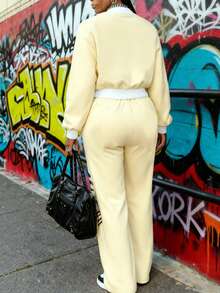 女士字母刺绣长袖单排扣棒球夹克和裤子休闲两件套 - 杏色 - 查看 2