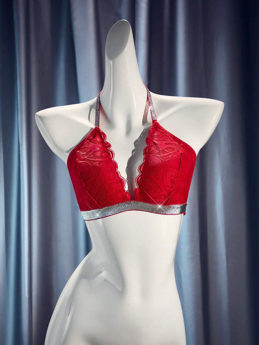 MidnightGlam Sexy glänzende rote französische romantische bequeme Damen Dessous für Weihnachten - Rot - Übersicht 1