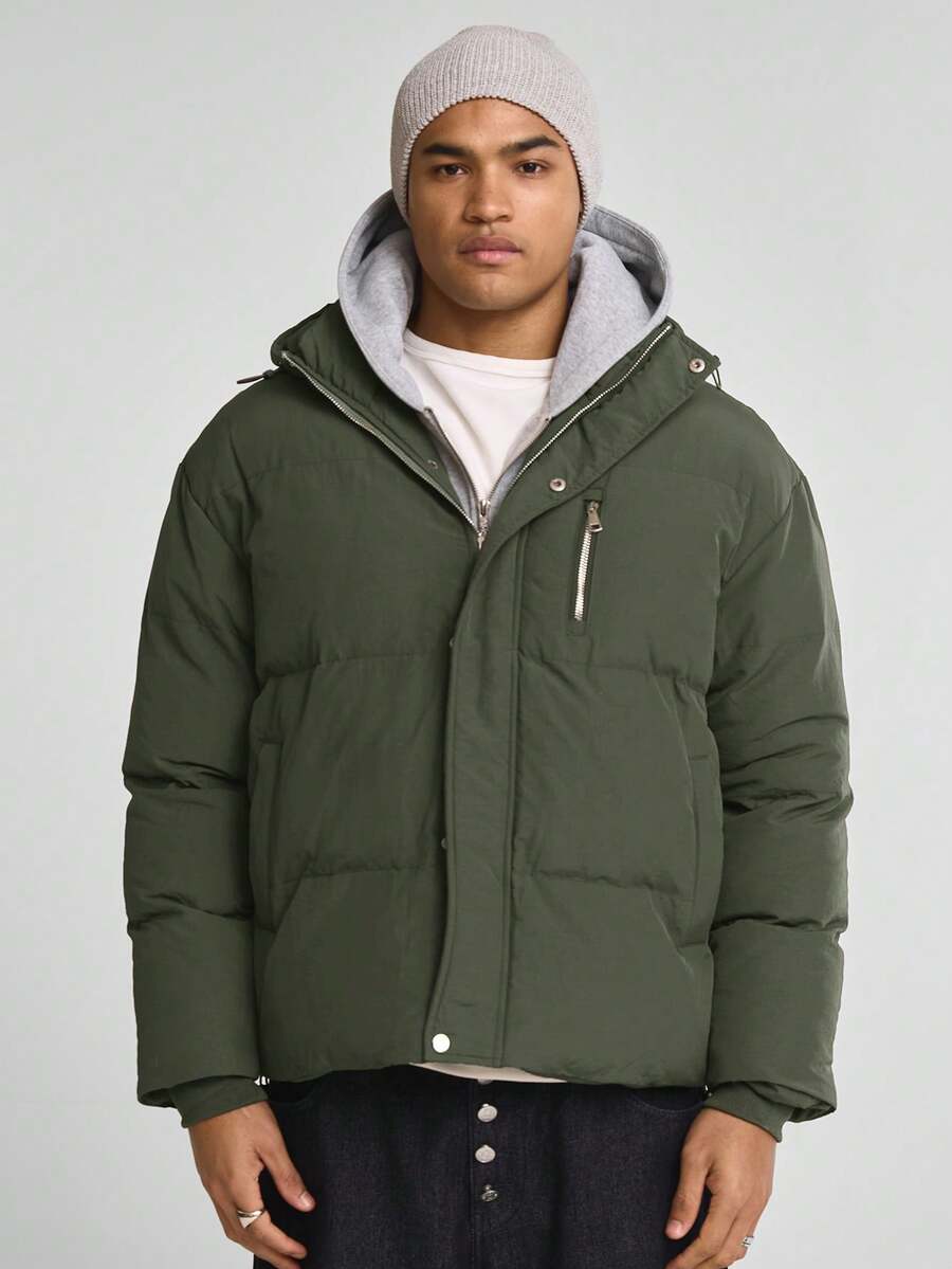 Musero 宽松版型长袖连帽羽绒服，隐形门襟，胸前拉链细节，春夏必备单品 - 軍綠色 - 查看 1