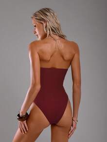 TRNVIE Traje de baño de una pieza de terciopelo jacquard elegante y sexy de alta gama para mujer, con diseño hueco, para resort de isla - Burdeos - Ver 2