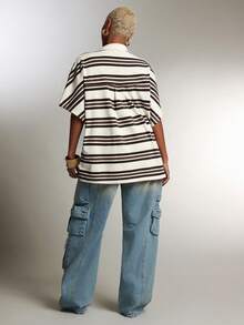 Denimoi Áo polo cổ khoét sâu, dáng rộng, sọc thời trang - Nhiều màu - Xem 5