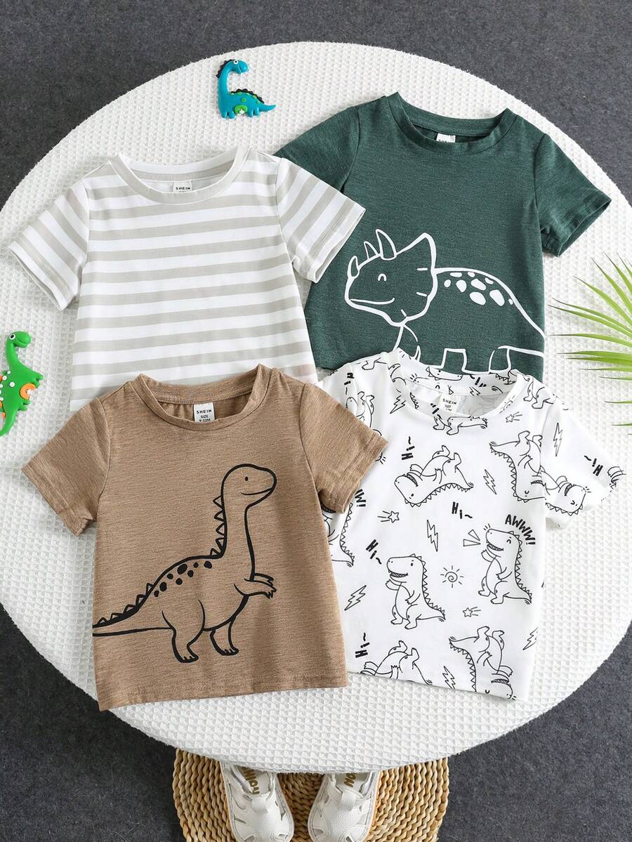 SHEIN 4件套男婴可爱休闲百搭卡通图案针织短袖T恤套装 - 彩色 - 查看 1