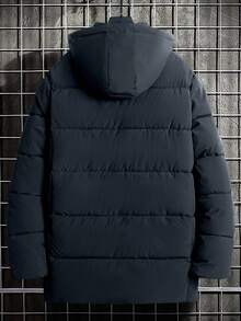 Manfinity Homme Veste d'hiver à capuche zippée décontractée à manches longues et couleur unie pour hommes grande taille. Veste d'hiver pour hommes, manteau d'hiver bleu marine - Gris foncé - Voir 2