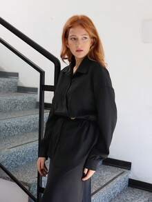 SILVIA DI SANTO 女士金属装饰长灯笼袖长衬衫，优雅时尚 - 黑色 - 查看 3