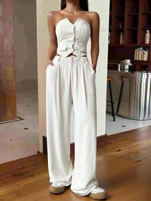 SHEIN EZwear Bộ hai mảnh áo ống màu trơn đơn giản và quần dài dành cho nữ - Màu be - Xem 3