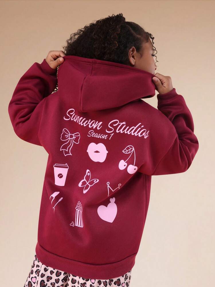 Burgundy Hooded Sweatshirt With Graphic Print