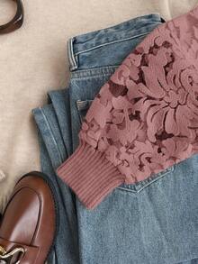 Elaquor 大码休闲优雅百搭网眼拼接套头毛衣，秋冬款 - 粉色 - 查看 4