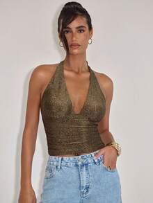 SHEIN BAE Áo nữ màu trơn bóng, cổ yếm, xếp ly, gợi cảm, thời trang, thích hợp mặc đi dự tiệc, lấp lánh, kim tuyến hoặc vàng kim, dành cho nữ, phù hợp cho ngày Valentine, Tết Dương lịch, đi club. - Vàng - Xem 3