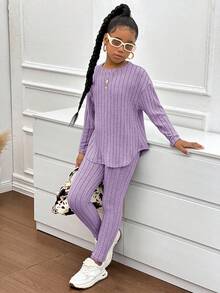 SHEIN Tween Girl Drop Shoulder Ribbed Knit Tee & Leggings Textured Fabric Two Pieces - Purple - View 4