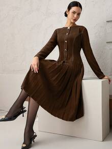 Heiryn Váy denim in họa tiết bất đối xứng xếp ly thắt eo thanh lịch mới - màu nâu - Xem 1