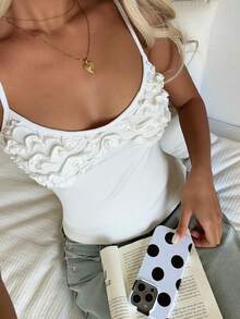 CovetEZ Áo ba lỗ dây bèo nhún màu trắng thường ngày dành cho nữ, mùa hè - trắng - Xem 4