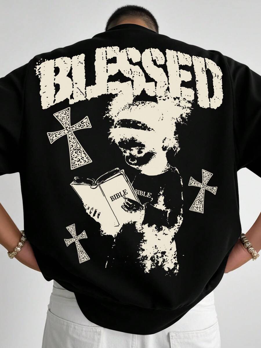 Manfinity EMRG Áo thun nam in chữ thập và chữ thường, mùa hè - màu đen - Xem 1