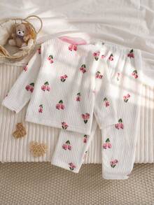 SHEIN 2pcs Girls Plush Plaid Long Sleeve Top And Pants Casual Comfortable Soft Pajama Set - White - View 2