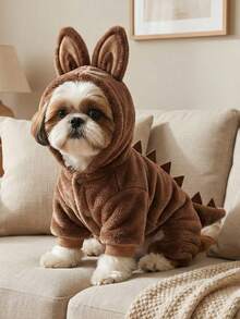 PETSIN 1件宠物服装，猫狗通用款，秋冬季加厚保暖连体衣，可爱卡通造型变身服，冬季柔软舒适连帽卫衣 - 棕色 - 查看 5