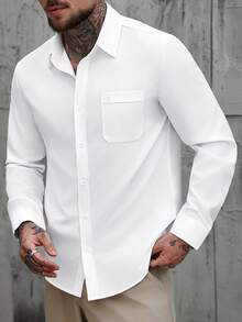 Manfinity CasualCool 男士纯色抗皱单口袋休闲商务长袖衬衫，秋季款 - 白色 - 查看 3