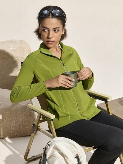 Exploreva Women's Solid Color Minimalist Outdoor Fleece Jacket, Daily Wear