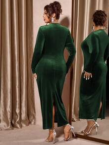 Cravure Vestido elegante de manga larga, ajustado y fruncido de unicolor para mujer de talla grande - Verde Oscuro - Ver 2