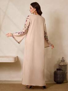 Al Najma Women's Floral Print V-Neck Long Sleeve Loose Arabic Style Dress Kaftan Jalabiya Dress - Apricot - View 3