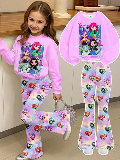 SHEIN De vuelta a la escuela, niña de dibujos animados, morado vibrante, superestrella de K-Pop Rumi, Mira, Zoey, conjunto de sudadera de cuello redondo de ajuste holgado para niña joven, 2 piezas, adecuado para otoño/invierno