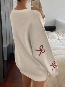 DAZY 女士宽松圆领蝴蝶结装饰长袖休闲毛衣 - 白色 - 查看 4