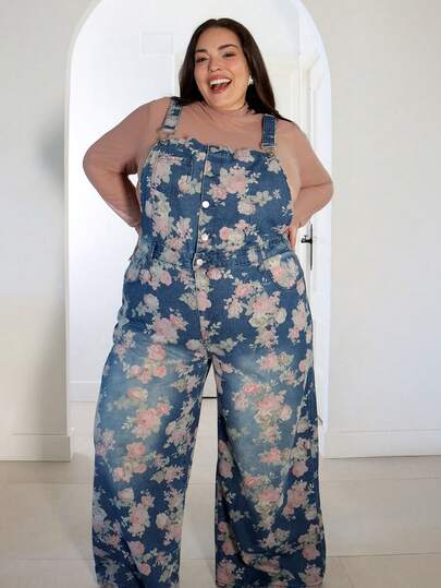 Pretty and Ole Plus Size Women Floral Print Pocket Wide Leg Casual Jumpsuit Vacation Jumpsuit Floral Jumpsuit Boho Jumpsuit Women Fashion Floral Print Denim Jumpsuit Wide Leg Pants Adjustable Strap Casual Overall Fashionable Plus Size Denim Overalls In Blue With Pink Floral Pattern And Relaxed Fit Comfortable And Stylish/Winter