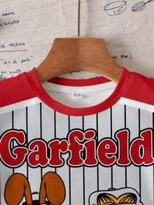GARFIELD | SHEIN 男童休闲日常通勤时尚街头运动趣味卡通字母条纹图案撞色短袖T恤，夏季 - 白色 - 查看 5
