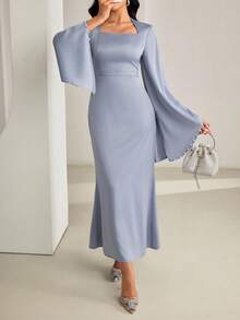Veilorie 女士纯色天鹅领喇叭袖修身优雅连衣裙 - 灰藍色 - 查看 1