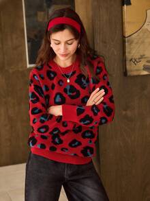 Hansera Women's Leopard Jacquard Knit Pullover Sweater, Crew Neck, Long Sleeve, Thick Knit, Mid-Length, Winter,Leopard Print,Red,Red Top,Winter Clothes For Women,Christmas,Christmas Sweater - Red - View 5