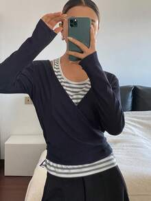 DAZY Women's Black Striped Patchwork Camisole Vest & Oblique Placket Long Sleeve T-Shirt,Autumn Basic Effortless Chic Everyday Loose Casual Streetwear - Navy Blue - View 5