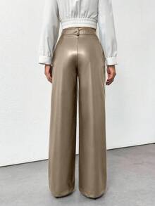 EURMUSE Prive Gold Button Detailed Straight Fit Leather Pant - Mocha Brown - View 2